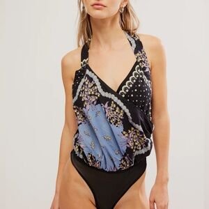 Free People Black and Light Blue Floral Halter Bodysuit
